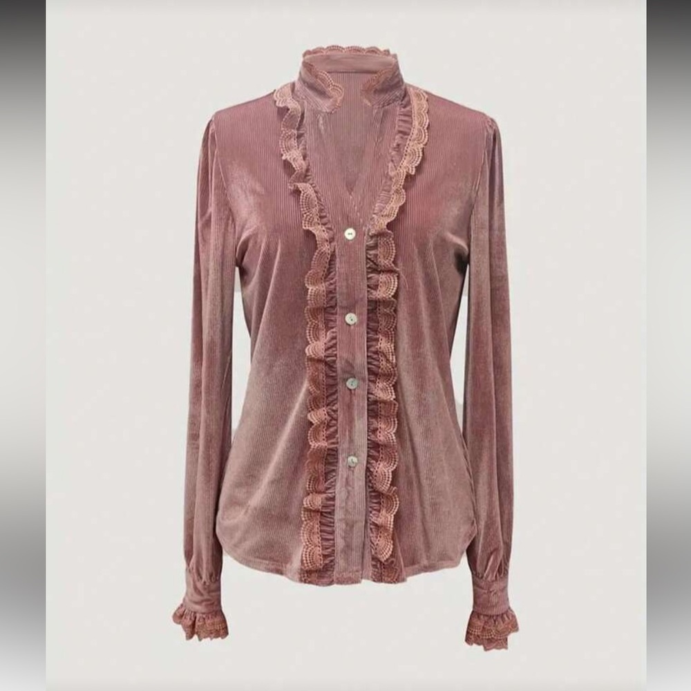 Luxe pink velvet lace ruffle detail blouse - Picture 5 of 10